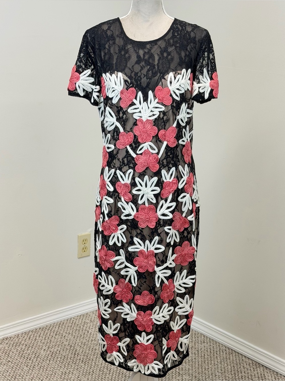 JS Collections Soutache Floral Lace Midi Dress 16 Black Pink White Boho MOB Chic